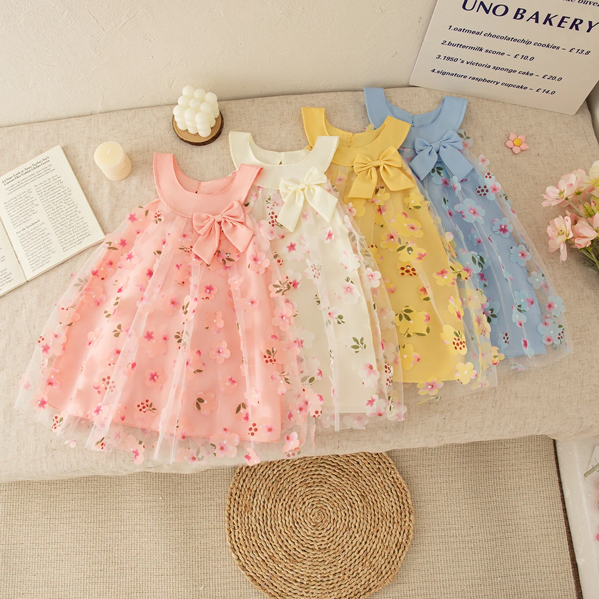 Baby Mädchen Kleid Sommer Neue Damen Ganzkörper Aufkleber Ärmelloses Mesh Kleid Personalisierte Und Modische Kragen Schleife Kleid Image