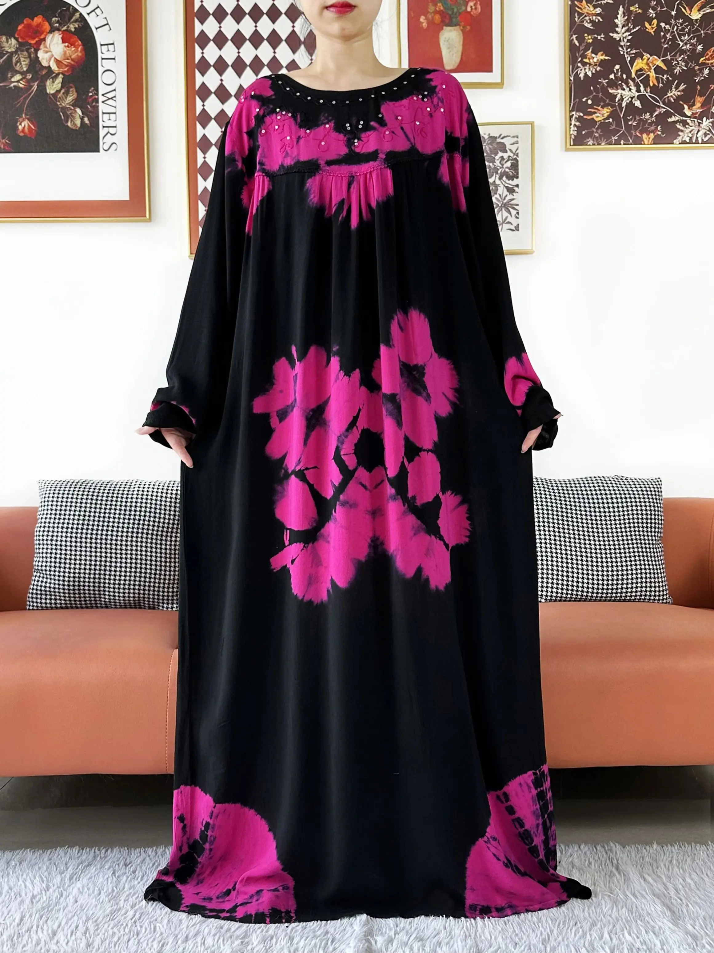Neue Langarm Baumwolle Abaya Mehrfarbige Blumen Druck Frauen Boho Maxi Lose Kleid Casual Party Kleid Indie Folk Afrikanische Vestidos Image