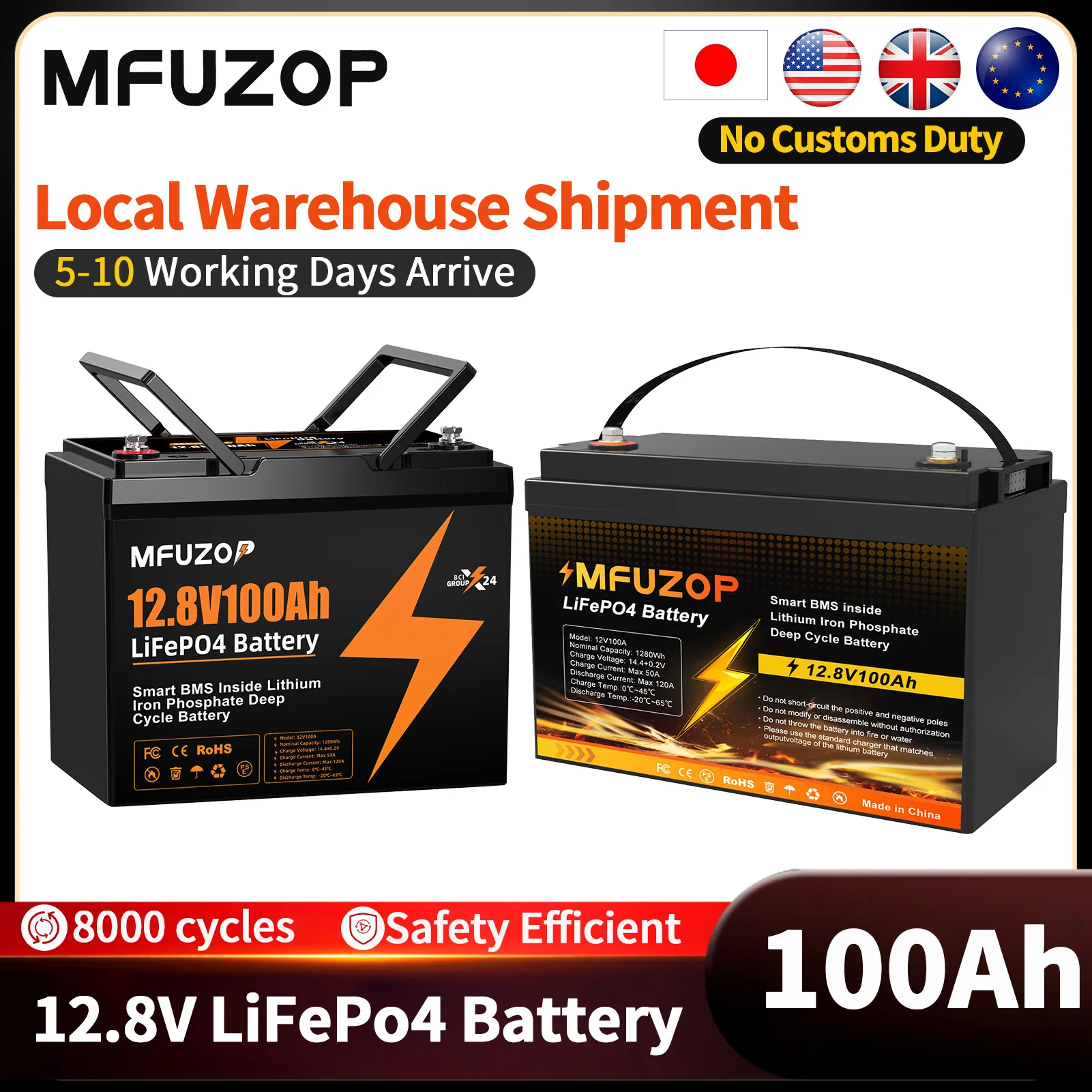 MFUZOP 12V 100Ah Lithium LiFePO4-Batterie mit 100A BMS, perfekt für Wohnmobile, Golfwagen, Solarenergiesystem, Trolling-Motor, Boot, Solar Image