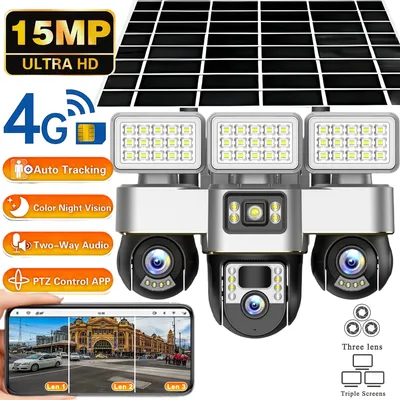 15MP Solar Camera Triple Lens Triple PTZ Camera Two-Way Audio Outdoor Waterproof Built-in Battery 4G IP Camera HD Security CCTV