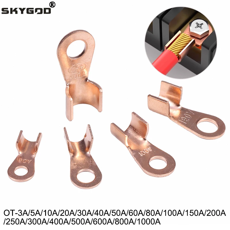 2 ~ 50 pz Terminali per cavi Terminale OT in rame elettrico 3 ~ 1000A Batteria nuda Capocorda Anello a crimpare Connettore cavo non isolato