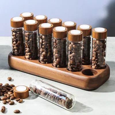 Havmore Wooden Holder 12 Testing Tubes Single Dose Coffee Bean Glass Container Wooden Stand Coffee Beans Storage Tubes