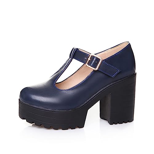 Pumps Women's Block Heel - Mary Jane Shoes Women's Platform Gothic - Chunky High Heels T-Strap Low Shoes Buckle Strap Sandals Block Heel Stiletto Shoes Slip-On Loafers Single Shoes, blue, 2/2.5 UK