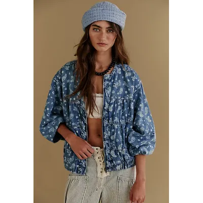We The Free Layla Printed Denim Jacket at Free People in Blue Fog, Size: XS