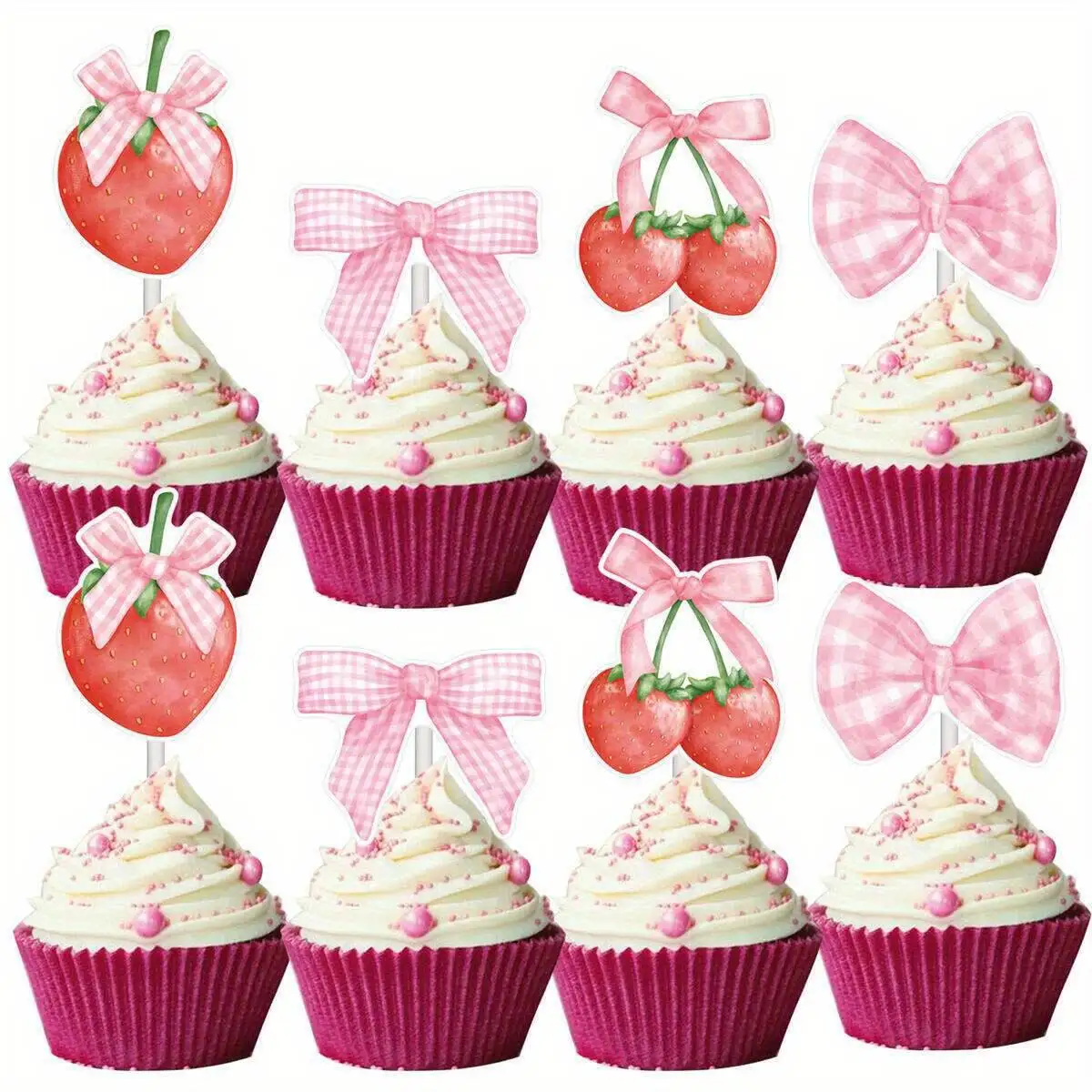 24 Stücke Erdbeere Cupcake Topper Rosa Schleife Erdbeere PP Stick Topper Für Sommer Geburtstag Feiern Party DIY Kuchen Dekorationen Image