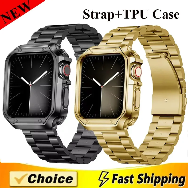 Armband + TPU-Gehäuse für Apple Watch Band 7 8 9 45 mm 41 mm Edelstahlarmband für Apple Watch 44 mm 38 mm 40 mm 41 mm SE 6 5 4 Correa Image