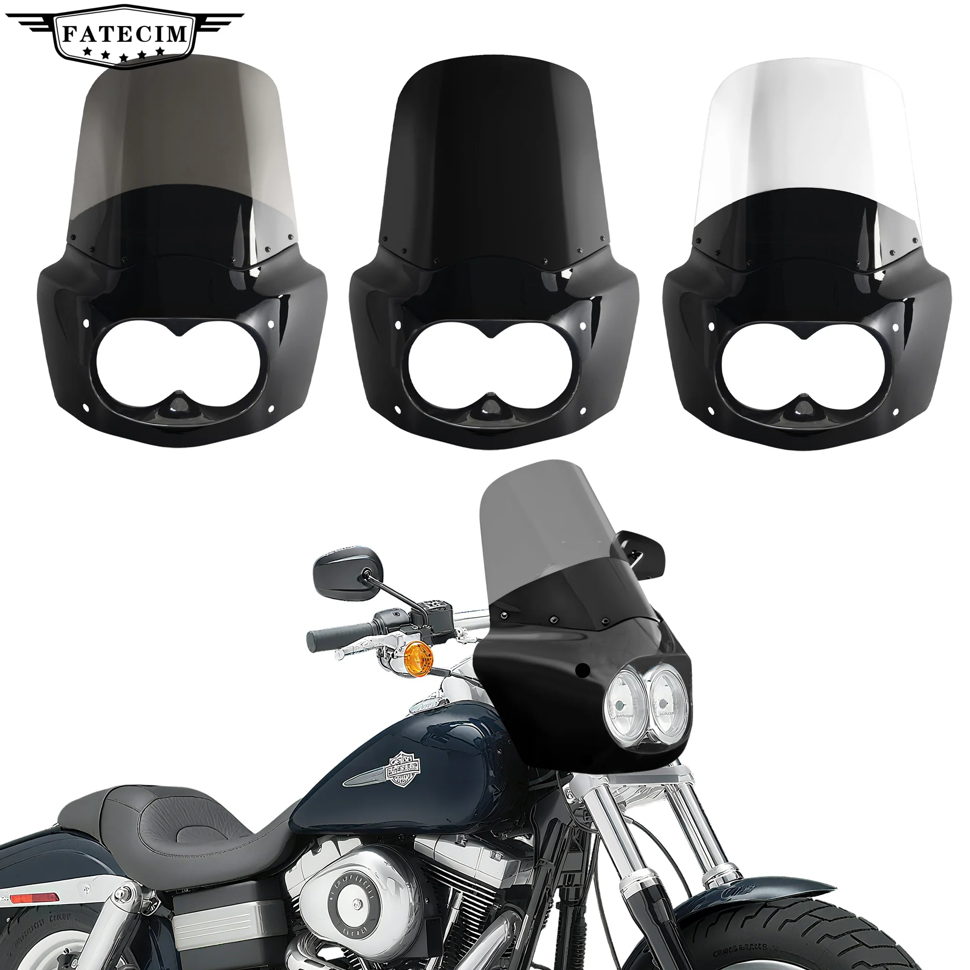 Fat Bob Windschutzscheibe 15" Windschutzscheibe Dyna Fat Bob Motorrad Doppellampe Verkleidung Nur für Harley Dyna Fat Bob FXDF 2008-2017 Image