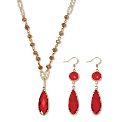 Women's Red Crystal Goldtone Vintage-Inspired Necklace and Earring Set by PalmBeach Jewelry in Red (Size ONE SIZE)