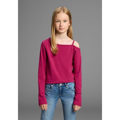 Langarmshirt KIDSWORLD "Off-Shoulder Shirt", Mädchen, Gr. 152/158, rot (bordeaux), Jersey, Obermaterial: 95% Baumwolle, 5% Elasthan, unifarben, modisch, figurbetont hüftlang, asymmetrischer Ausschnitt, Langarm, Shirts, Mit modischer Schulterlösung Image