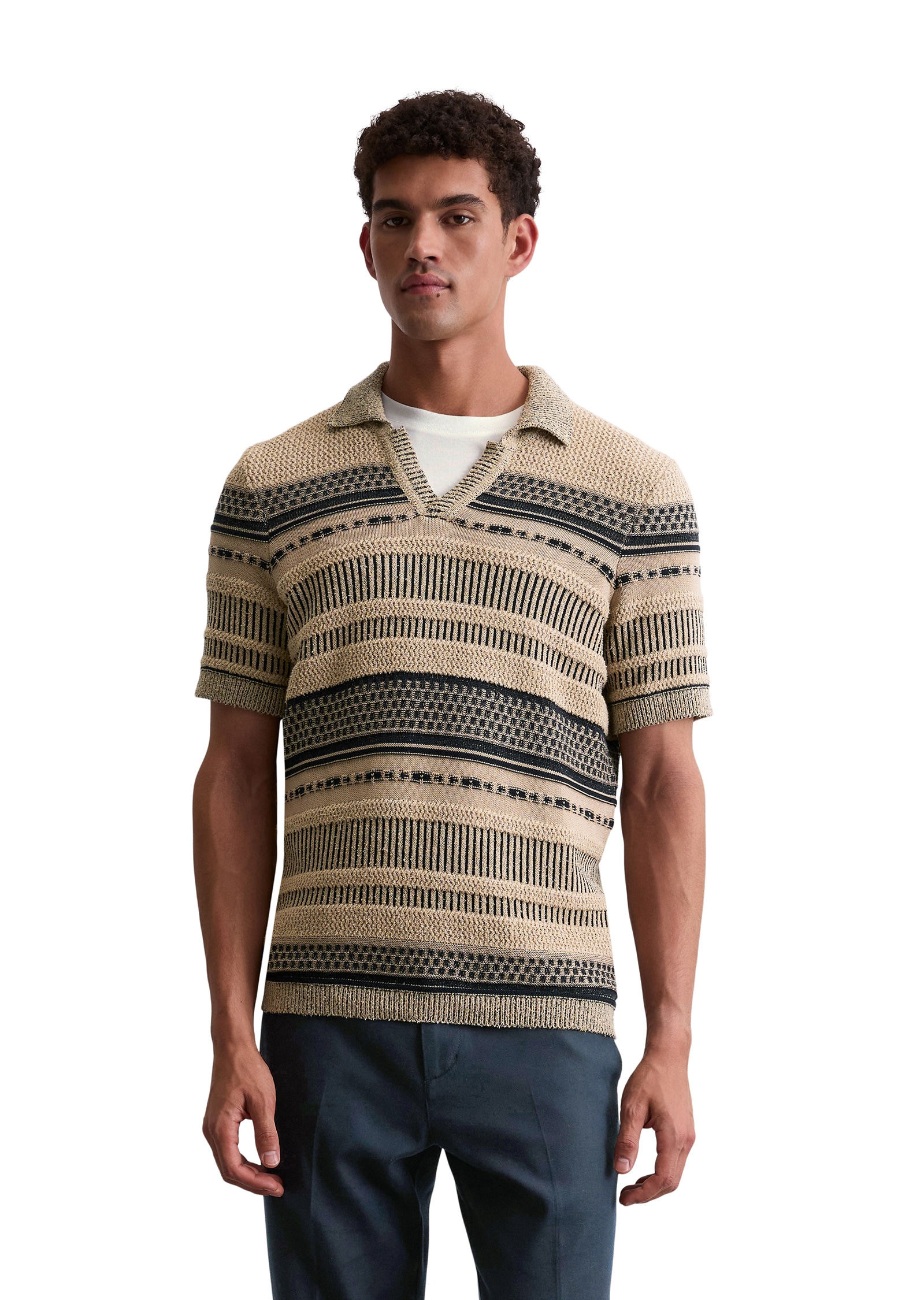 Strickpullover MARC O'POLO "mit Struktur-Mix", Jungen, Gr. L, medium beige, Obermaterial: 86% Baumwolle, 14% Polyamid, gestreift, Pullover Strickpullover