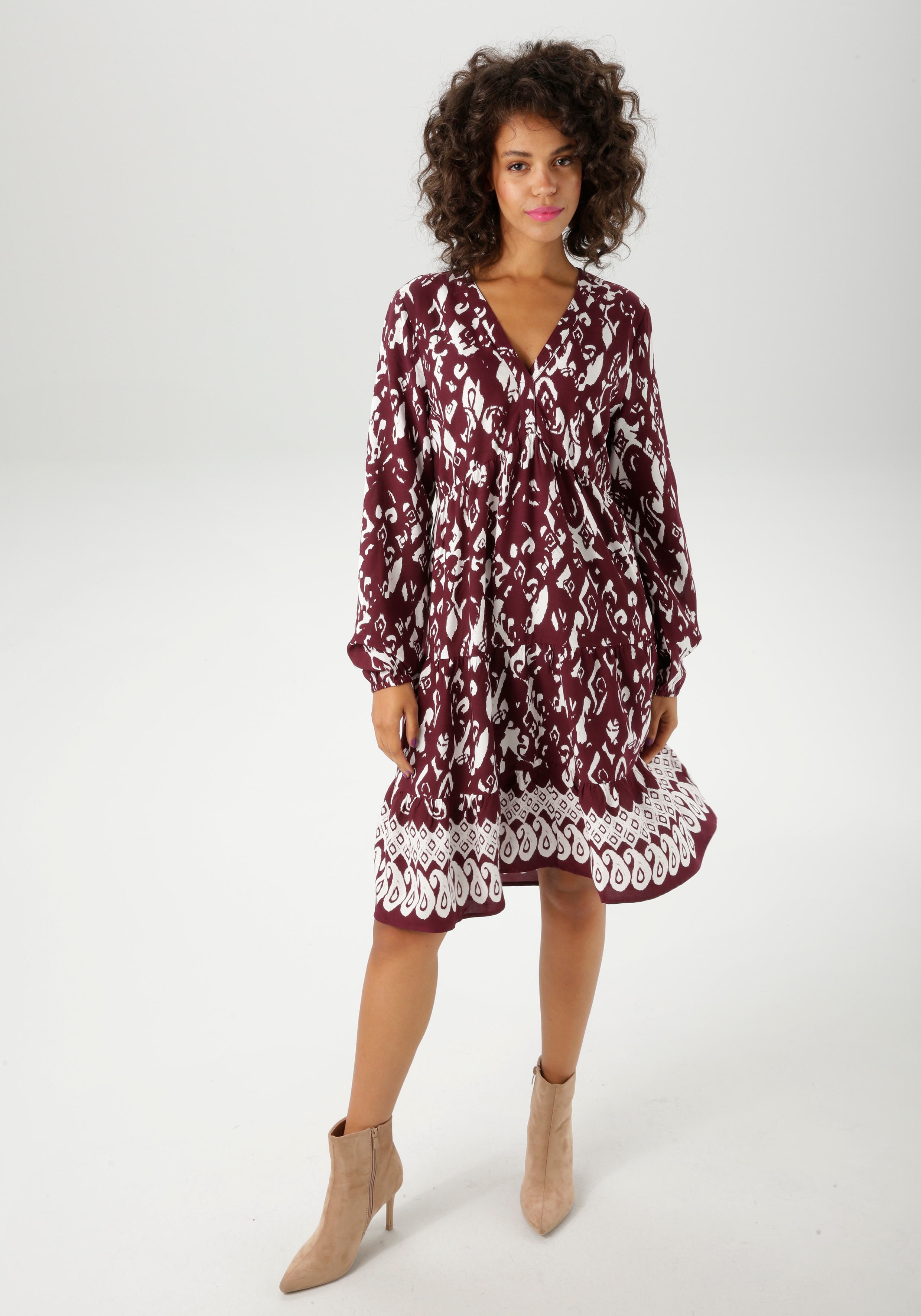 Tunikakleid ANISTON CASUAL, Damen, Gr. 44, N-Gr, rot (bordeaux, weiß, taupe), Web, Obermaterial: 100% Viskose, bedruckt, gemustert, figurumspielend kniefrei, V-Ausschnitt, elastischer Bund mit Gummizug, Kleider, mit kunstvollem Druck und Bordüre am... Image
