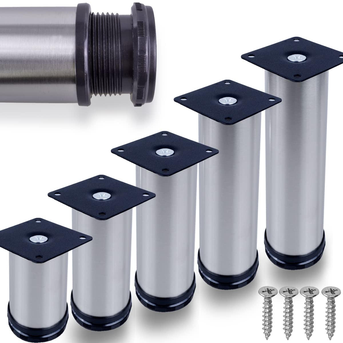 ID Dinkel 10 x Möbelfuße verstellbar EDELSTAHL 50mm Sofafuß Küchenfuß Sockelfüße Bettfüße 80mm Image