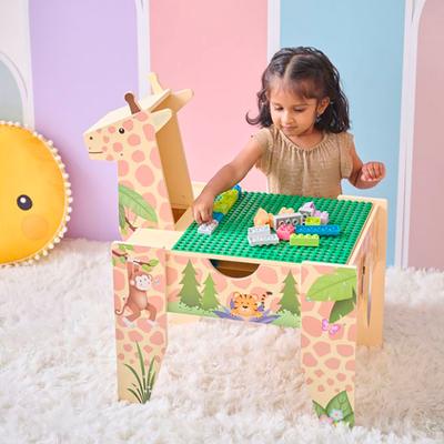 Teamson Kids Jungle Giraffe 2-in-1 Wooden Activity Table + 23Pc and 1 Car Included