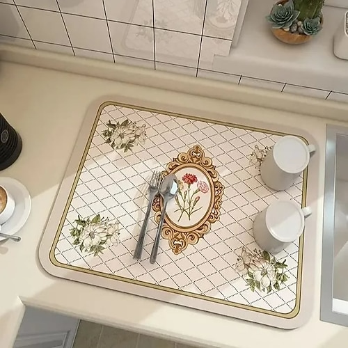 Abtropfmatte im Fantasie-Stil, Kieselgur, Küchen-Abtropfmatte, wasserabsorbierendes Tischtablett für Geschirr, Tassen, Kaffeemaschinen, schnelltrocknender Oberflächenschutz für Arbeitsplatten