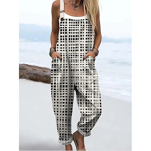 Damen Latzhose Aktiv Grafik Ärmellos Gerade Kordelzug Urlaub Täglich Lässiger Schnitt Rote Marineblau Staubiges Blau Sommer Image