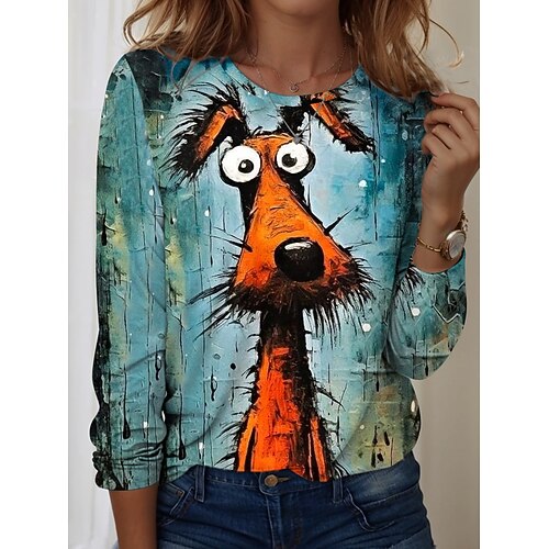 Damen T-Shirt Rundhals Langarm Tunika Grafik Tier Vintage Stylisch Modern Reguläre Oberteile Alltag Print Gelb Blau Staubblau Orange Herbst Image