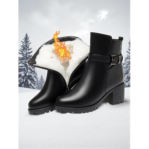 Schwarze Lederstiefeletten für Damen – warme Winterstiefeletten mit Fellfutter und mittlerem Absatz, mit seitlichem Reißverschluss und Schnalle für kaltes Wetter, Arbeit Outdoorbekleidung Image