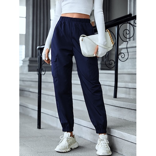 Damen Cargo-Hosen Stoffhosen Mode Streetwear Volle Länge Natürliche Taille Einfach Tasche Elastischer Bund Bequem Außenbereich Straße Ausgehen Wein Schwarz Rosa Blau Sommer Normale Passform Image