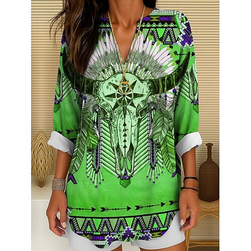 Damenbluse Leinenähnlich Atmungsaktiv Leicht Tunika V-Ausschnitt Langarm Boho Casual Tops Grafisch Geometrisch Totenkopf Bohemia Vintage Tropisch Reguläre Tops Daily Tragen Print Gelb Rot Blau Lila Image