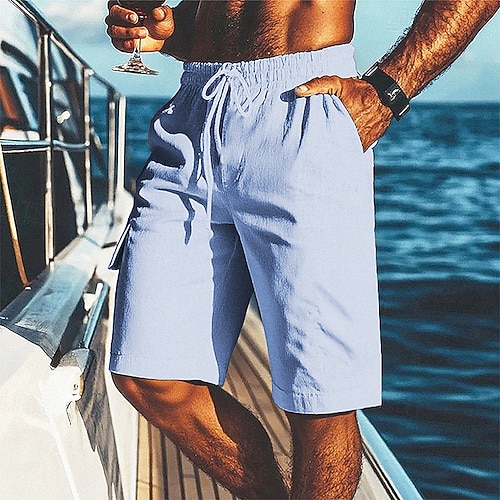 Herren Shorts Leinenshorts Sommershorts Strandshorts Tasche Elastischer Bund Kordelzug Einfach Komfort Atmungsaktiv Kurz Urlaub Ferien Strand Hawaiianisch Boho Schwarz Weiß Mikroelastisch Image