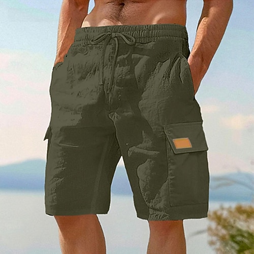 Herren Cargo-Shorts Shorts Leinenshorts Sommershorts Strandshorts Elastischer Bund Kordelzug Mehrere Taschen Einfach Knielang Outdoor Ferien Strand Urlaub Hawaiianisch Schwarz Weiß Unelastisch Image