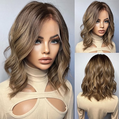Unbehandeltes Echthaar 5x5 Verschluss 13x4 Spitzenfront Perücke Kurzer Bob Brasilianisches Haar Gewellt Mehrfarbig Perücke 130% 150% Haardichte mit Babyhaaren Hervorgehobenes / Balayage-Haar 100 Image