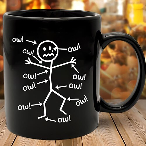 lustige Kaffeetasse mit Aufschrift „Ow", Strichmännchen, Schmerzdiagramm, schwarze Keramiktasse, 330 ml, sarkastisches Scherzgeschenk für Freunde, Kollegen, Erwachsene Image