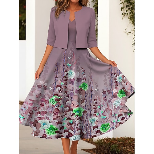Damen Zwei-Teiler Kleid Sets Midi Kleid mit Jacke Elegantes A-Linien Kleid Halbarm Casual Semi Formal Ombre Blumenmuster V-Ausschnitt Date Pink Blau Lila Regelmäßige Passform Image