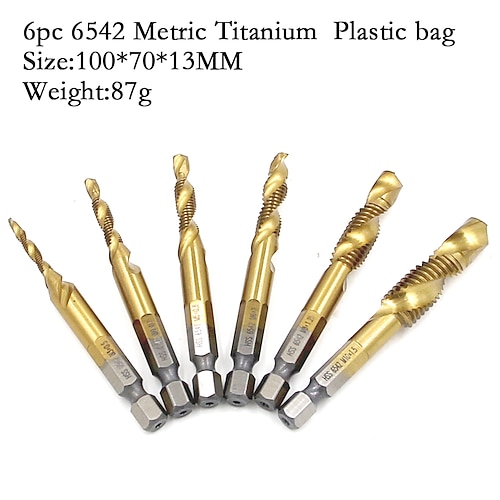 6 stücke titanbeschichtete sechskantschaft bohrer hss 6542 gewinde metrische gewindebohrer maschine verbindung m3 m4 m5 m6 m8 m10 handwerkzeuge Image