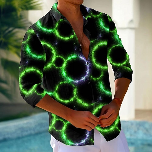 Herren Geometrisch Kreis Neonleuchten Hemd Knopfhemd Lässiges Hemd Langarm Modisch lässig Urlaub Täglich Streetwear Sommer Frühling Umlegekragen 3D-Druck Hemden mit Kragen Rote Blau Orange Grün Image
