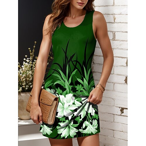 Damen Minikleid Sommerkleid A Linie Kleid Urlaub Lässig Normale Passform Ombre Blumen Grafik Ärmellos U-Ausschnitt Rundausschnitt Schwarz und Weiß Dunkel Braun Rote Blau Sommer Frühling Image