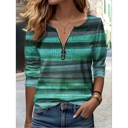 Damen T-Shirt Viertel Reißverschluss Langarm Lässiges Grafik-Geometrisch Gestreift Vintage Stilvoll Rundhals Reguläre Tops Täglich Gelb Rot Blau Grün Frühling Herbst Winter Image