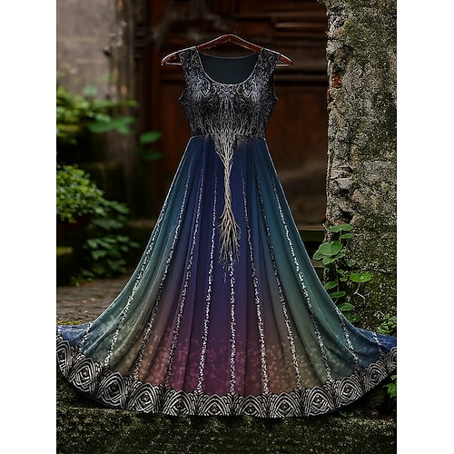 Damen Maxikleid Sommerkleid A Linie Kleid Unterkleid Faltenkleid Urlaub Lässig Boho Strand Normale Passform Grafik Ärmellos U-Ausschnitt Schwarz Violett Purpur Grün Sommer Frühling Image