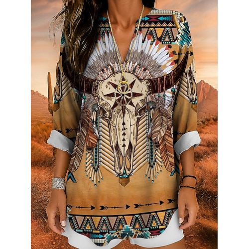 Damenbluse Leinenähnlich Atmungsaktiv Leicht Tunika V-Ausschnitt Langarm Boho Casual Tops Grafisch Geometrisch Totenkopf Bohemia Vintage Tropisch Reguläre Tops Daily Tragen Print Gelb Rot Blau Lila Image