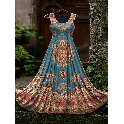 Damen Maxikleid Sommerkleid A Linie Kleid Unterkleid Faltenkleid Urlaub Lässig Boho Strand Normale Passform Grafik Ärmellos U-Ausschnitt Schwarz Violett Purpur Grün Sommer Frühling Image