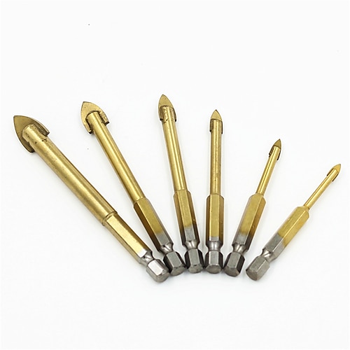 6-teiliges Glasbohrer-Set mit Sechskantschaft, titanbeschichtete Keramikfliesen, Marmor, Spiegelglas, Bohrlochwerkzeug, 4 mm, 5 mm, 6 mm, 8 mm, 10 mm, 12 mm Image