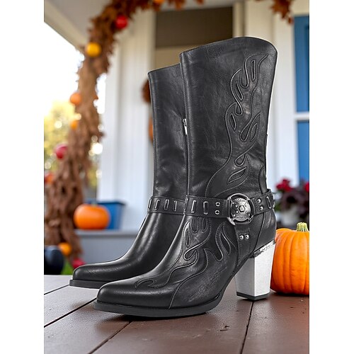Damen-Western-Cowboystiefel mit Flammenstickerei – schwarze und braune Gothic-Stiefel mit klobigem Absatz bis zur Wadenmitte für Halloween, Musikfestivals und Rodeo-Outfits Image