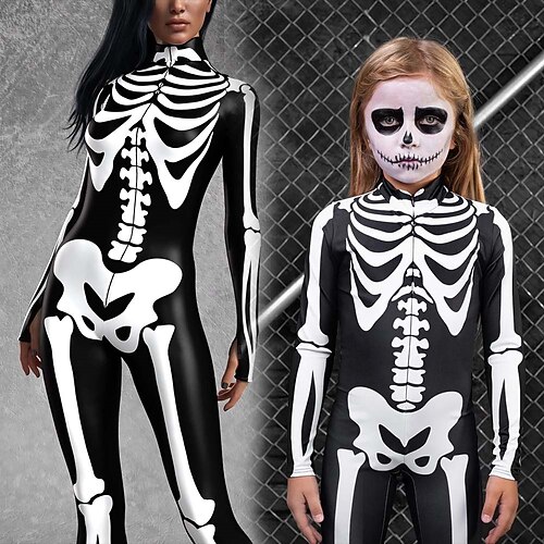 Karneval 2026 Totenkopf Bodysuits Halloween-Gruppen-Paarkostüme Ganzkörper-Catsuit Gruseliges Kostüm Erwachsene Kinder Alle Halloween Karneval Tag der Toten Club Party Leistung Einfache Image