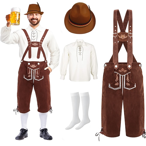 Oktoberfest Lederhosen Hemd Alpenhut Bayerisch Deutsch Wiesn Herren Karneval Party Bier Festival Stoff im traditionellen Stil Bluse Shorts Austattungen Image