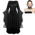 Set mit Fledermauskleid, Federkragen, Spitzenhalskette, 2-teiliges Outfit, Retro-Vintage-Punk, Gothic, Steampunk, mittelalterliches Kleid, bösartige Hexen, Damen-Cosplay-Kostüm, Halloween, Party, Club