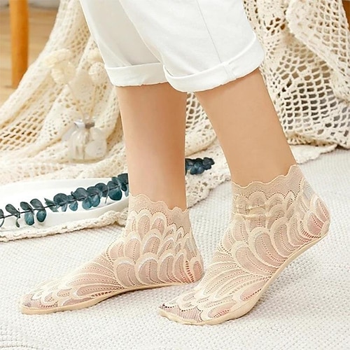 5 Paar tolle Kristall-Pfauensocken, atmungsaktive Spitzen-Söckchen für Damen, transparenter Netzstoff mit Federbesatz, rutschfeste, kurze, süße, niedrig geschnittene Socken Image