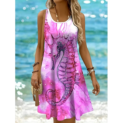 Damen Minikleid Sommerkleid A Linie Kleid Schulterfreies Kleid Urlaub Lässig Ferien Strand Normale Passform Ombre Grafik Tiermotiv Ärmellos Rundhalsausschnitt Gelb Rosa Blau Purpur Sommer Image