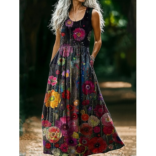 Damen Midi Kleid Boho Floral Kunst Druck Vintage Kleid Urlaub Lässig Ausgehen Strand Regulär Fit Floral Grafik Ärmellos U-Ausschnitt Pink Wein Hellbraun Blau Sommer Frühling Image