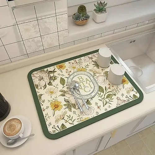 Abtropfmatte im Fantasie-Stil, Kieselgur, Küchen-Abtropfmatte, wasserabsorbierendes Tischtablett für Geschirr, Tassen, Kaffeemaschinen, schnelltrocknender Oberflächenschutz für Arbeitsplatten