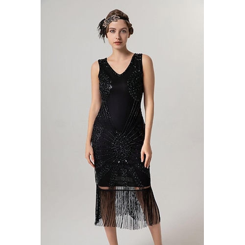 Goldene Zwanziger 1920er Knielang Flapper Kleid Cocktailkleid Ärmellos Der große Gatsby Flapper-Mädchen Pailletten Fransen V Ausschnitt Kostüm Damen Weihnachten Karneval Abendgesellschaft Hochzeit Image