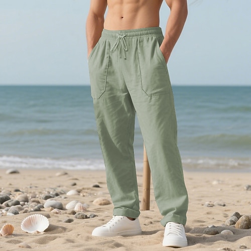 Herren Leinenhosen Hose Sommerhose Baggy-Hosen Strandhose Elastischer Bund Kordelzug Gerader Schnitt Einfach Komfort Atmungsaktiv Volle Länge Lässig Täglich Ferien Urlaub Mode Schwarz Weiß Image