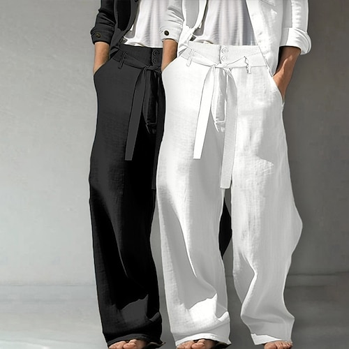Herren Leinenhosen Hose Sommerhose Baggy-Hosen Kordelzug Elastischer Bund Gerader Schnitt Einfach Komfort Atmungsaktiv Volle Länge Outdoor Täglich Strand Urlaub Mode Weiß Grün Weiß Khaki Image