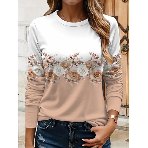 Damen T-Shirt mit Rundhalsausschnitt Langarm Tunika florales grafisches Motiv Pflanzen vintage stylisch klassisch Rundhalsausschnitt reguläre Oberteile täglich Druck Gelb Pink Blau Lila Grün Herbst Image