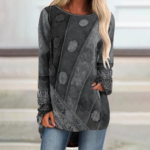 Damen T Shirt Druck Grafik Täglich Tunika Basic Langarm Rundhals Lange Oberteile Lässig Wochenende Gelb Rote Purpur Grün Grau Herbst Winter Image