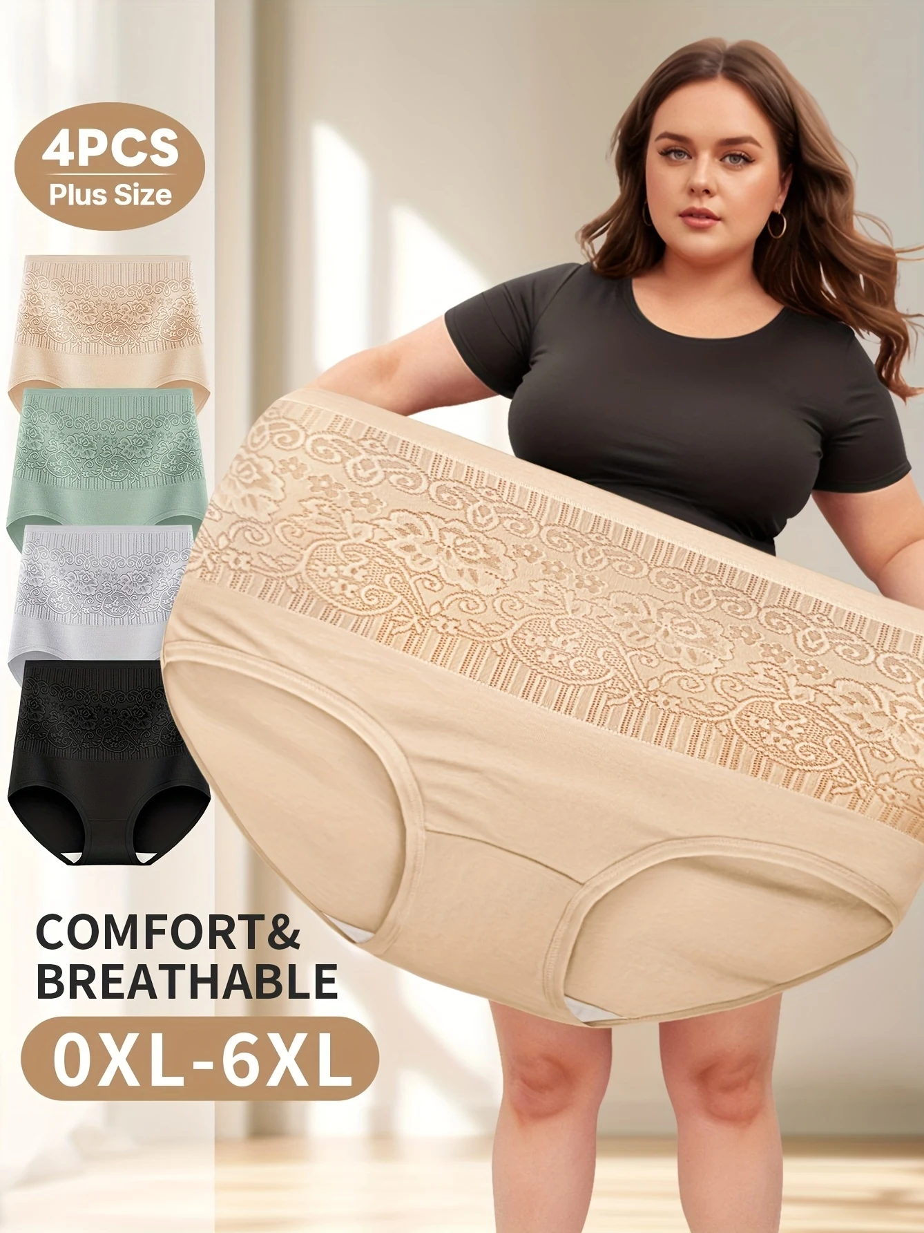 4-teiliges elegantes Höschen in Übergröße, Damen-Komfort-Slip mit Blumenmuster, hoher Taille und Bauchkontrolle Image